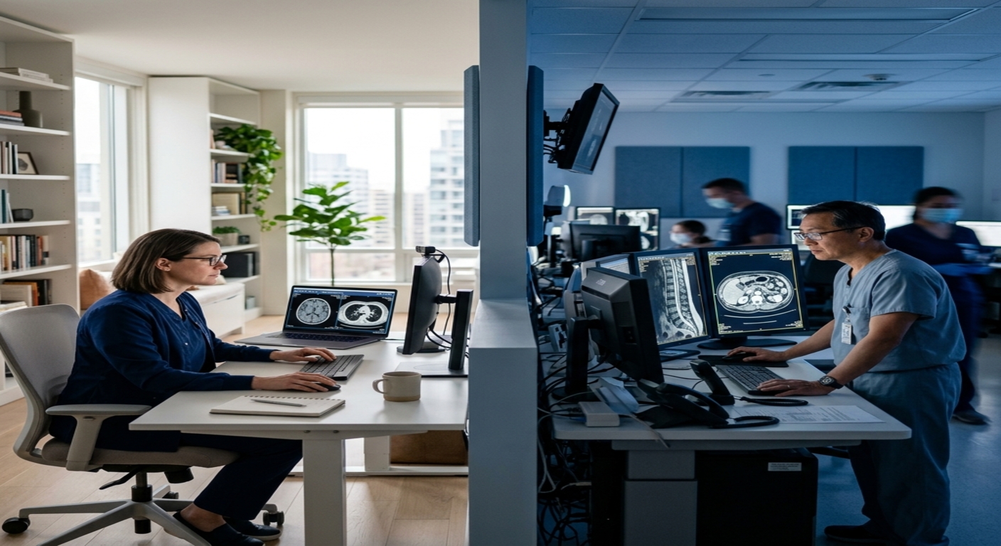 Vergleich von Teleradiologie und traditioneller Radiologie, der Fern- und Vor-Ort-Workflows in der medizinischen Bildgebung zeigt - PostDICOM